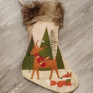 Christmas Stocking Woodsy Deer Fox Faux Fur Tan Rustic 17.5"